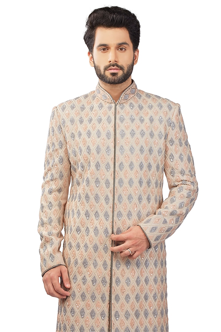 Blush Pink Silk Sequin Embroidered Groom Sherwani Set by DMODE at Pernia's Pop Up Shop