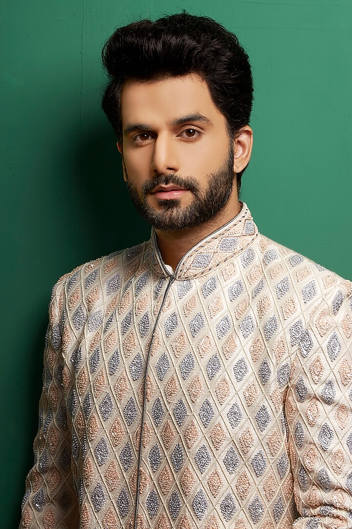 Blush Pink Silk Sequin Embroidered Groom Sherwani Set by DMODE at Pernia's Pop Up Shop