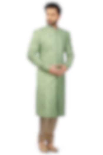 Mint Green Silk Gold Embroidered Sherwani Set by DMODE
