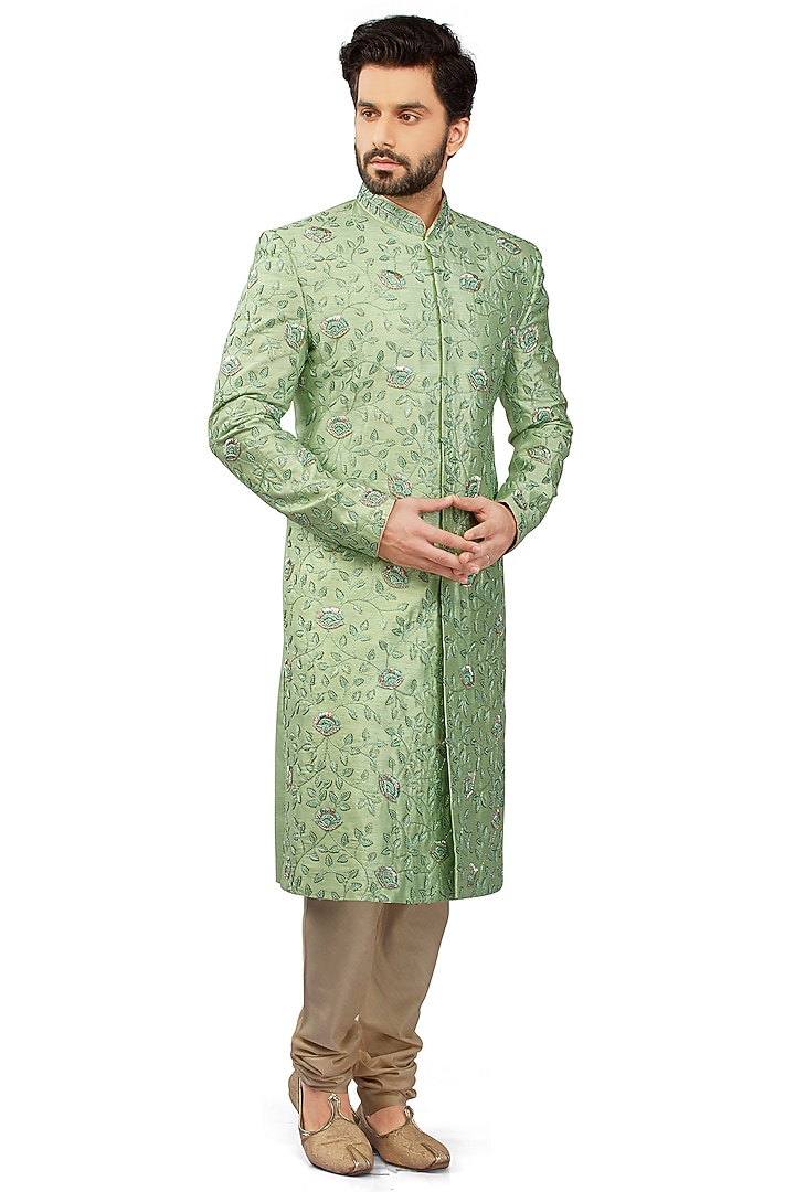 Mint Green Silk Gold Embroidered Sherwani Set by DMODE