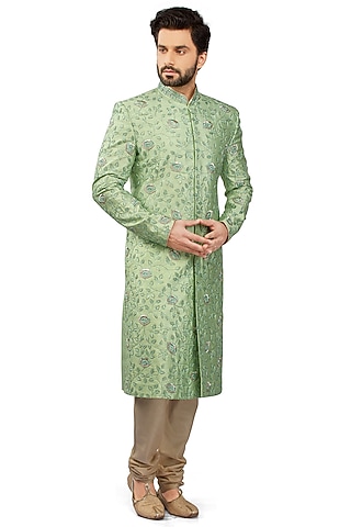 Mint Green Silk Gold Embroidered Sherwani Set by DMODE