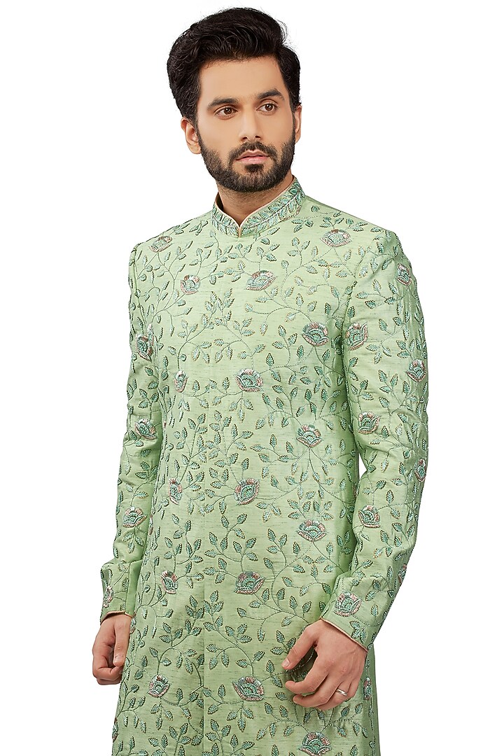 Mint Green Silk Gold Embroidered Wedding Sherwani Set by DMODE at Pernia's Pop Up Shop