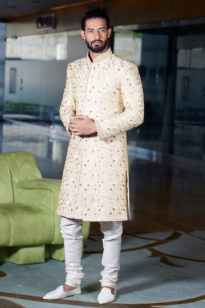 Lime Yellow Dupion Silk Embroidered Sherwani Set by DMODE