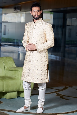 Lime Yellow Dupion Silk Embroidered Sherwani Set by DMODE