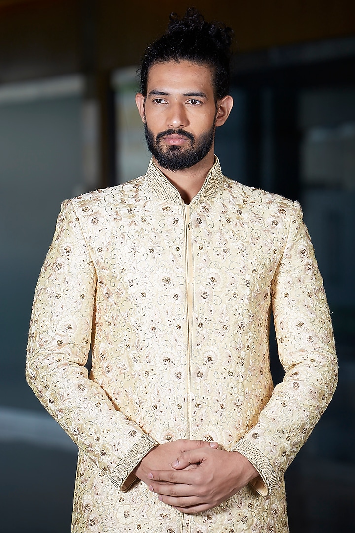 Lime Yellow Dupion Silk Embroidered Wedding Sherwani Set by DMODE at Pernia's Pop Up Shop