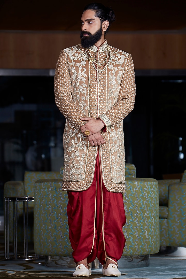 Brown Suede Hand Embroidered Sherwani Set by DMODE