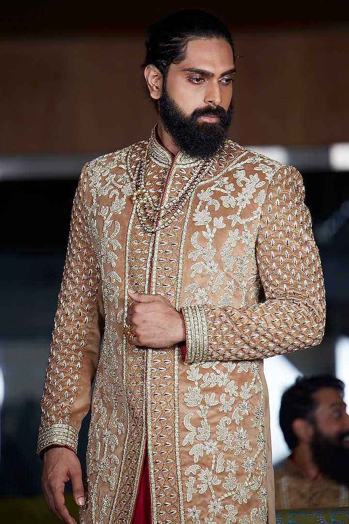 Brown Suede Hand Embroidered Groom Sherwani Set by DMODE at Pernia's Pop Up Shop