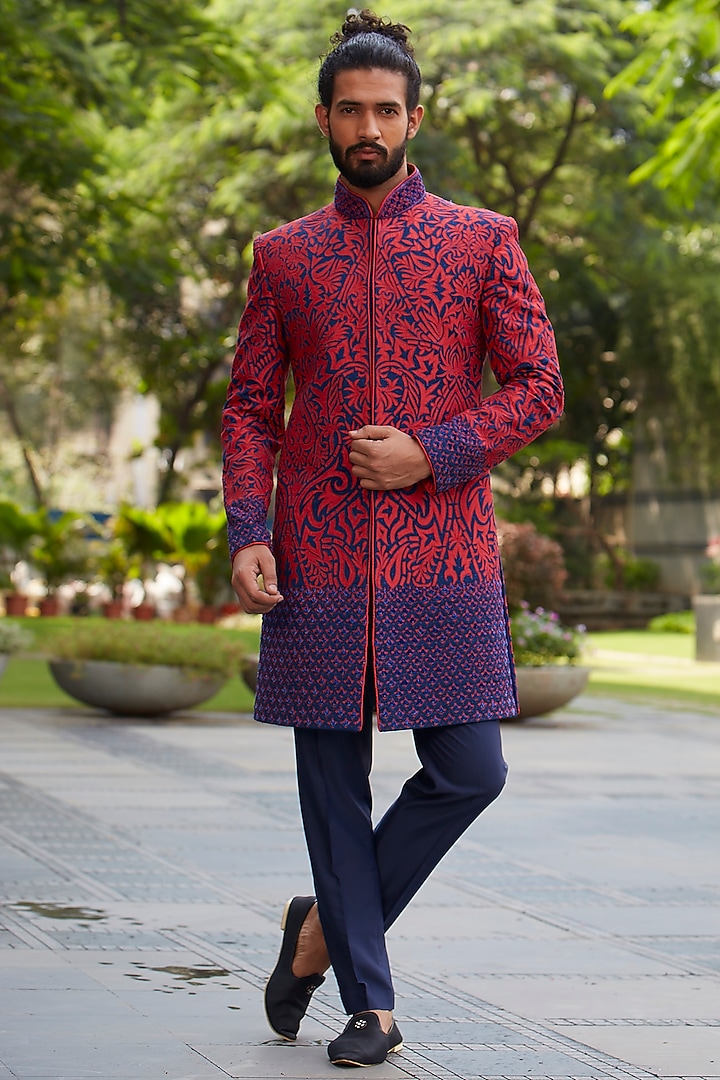 Royal Blue & Coral Suiting Applique Embroidered Indowestern Set by DMODE