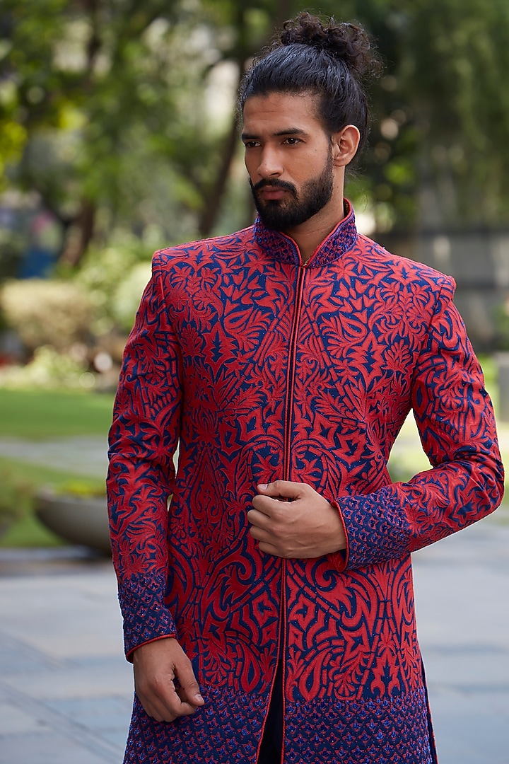 Royal Blue & Coral Suiting Applique Embroidered Wedding Indowestern Set by DMODE at Pernia's Pop Up Shop