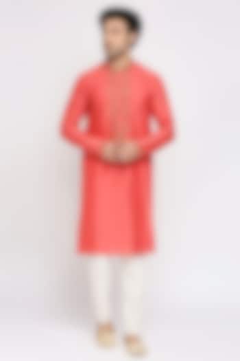 Coral Red Cotton Silk Kurta Set by DMODE