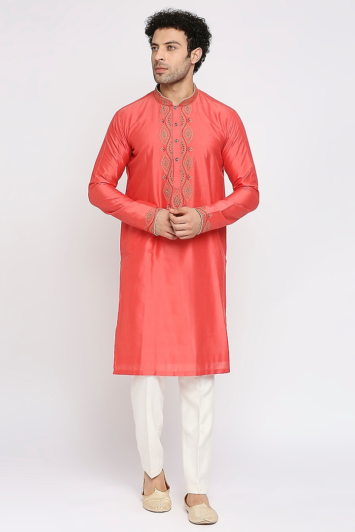 Coral Red Cotton Silk Kurta Set by DMODE