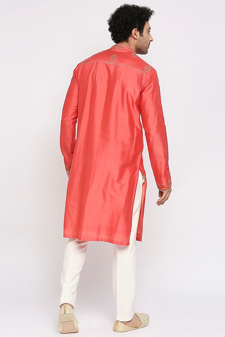 Coral Red Cotton Silk Kurta Set by DMODE at Pernia's Pop Up Shop