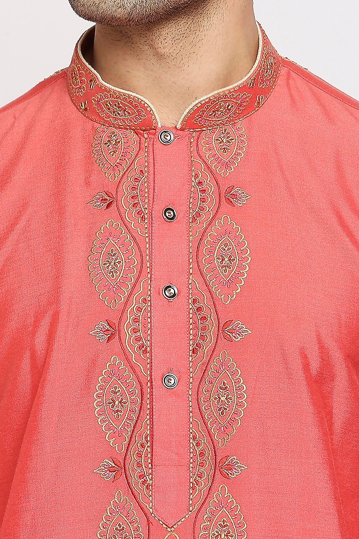Coral Red Cotton Silk Kurta Set by DMODE at Pernia's Pop Up Shop