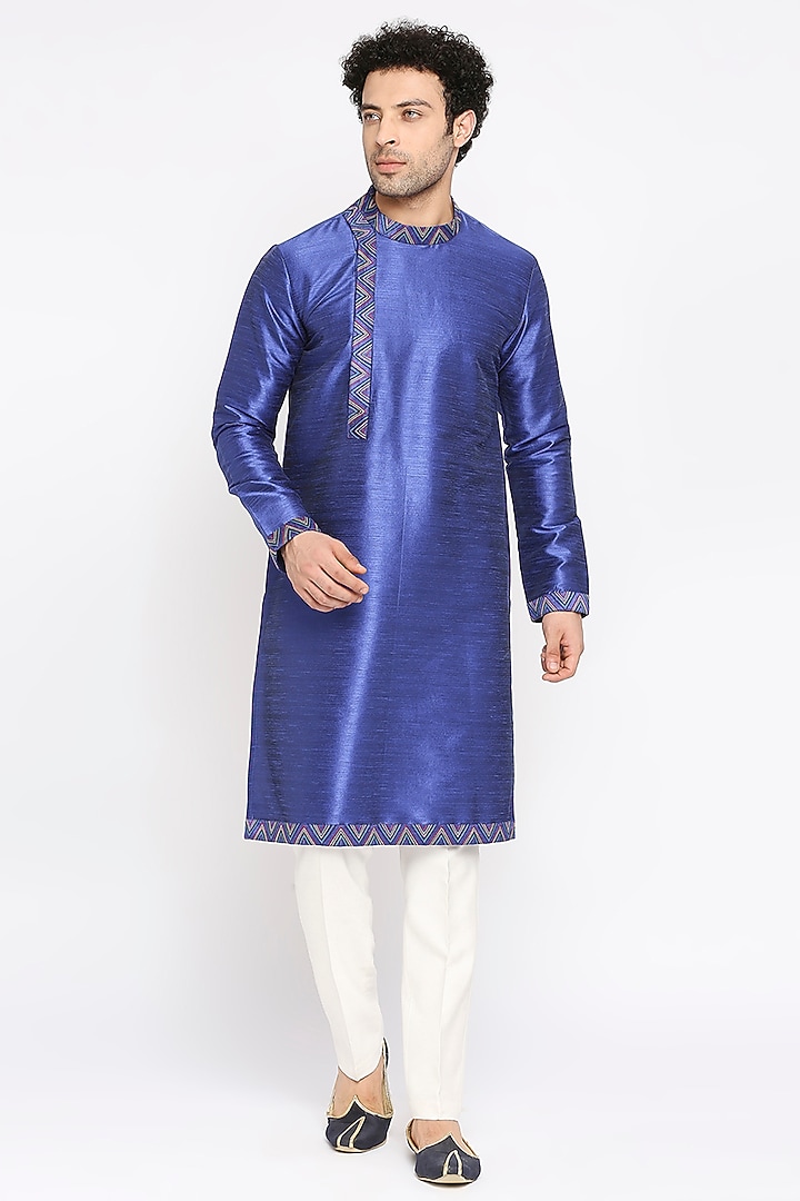 Royal Blue Dupion Silk Thread Work Kurta Set by DMODE