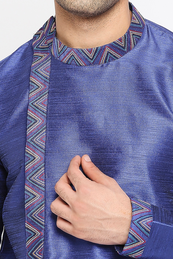 Royal Blue Dupion Silk Thread Work Kurta Set by DMODE at Pernia's Pop Up Shop