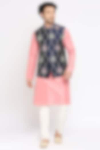 Deep Blue Textured Silk Floral Embroidered Nehru Jacket Set by DMODE