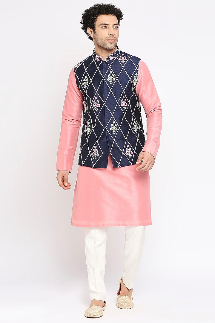 Deep Blue Textured Silk Floral Embroidered Nehru Jacket Set by DMODE