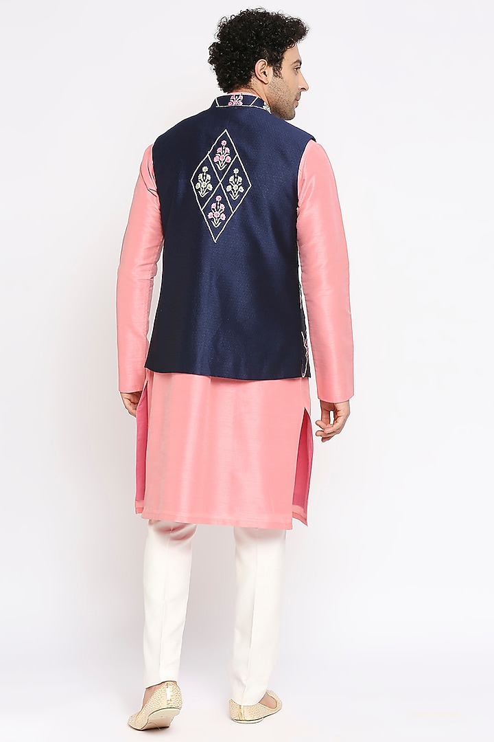 Deep Blue Textured Silk Floral Embroidered Nehru Jacket Set by DMODE at Pernia's Pop Up Shop