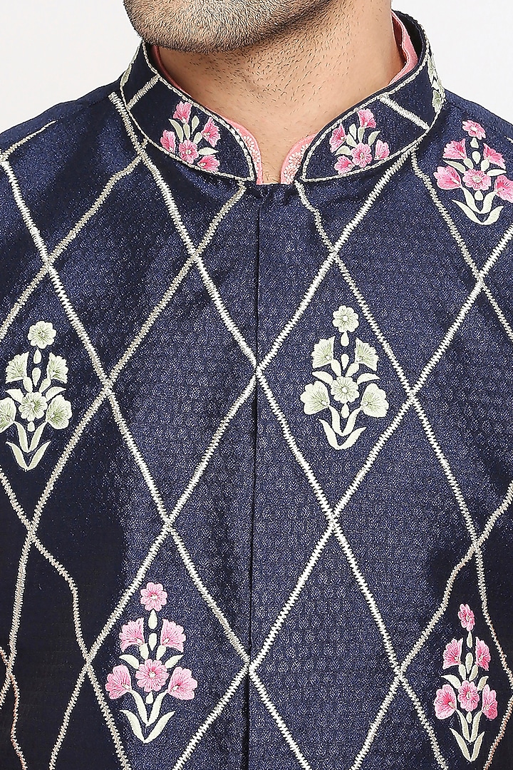 Deep Blue Textured Silk Floral Embroidered Nehru Jacket Set by DMODE at Pernia's Pop Up Shop