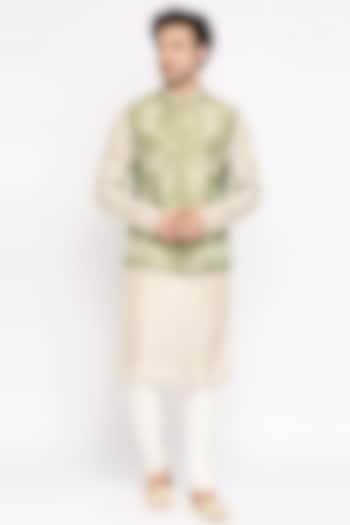 Sage Green Dupion Silk Floral Embroidered Nehru Jacket Set by DMODE