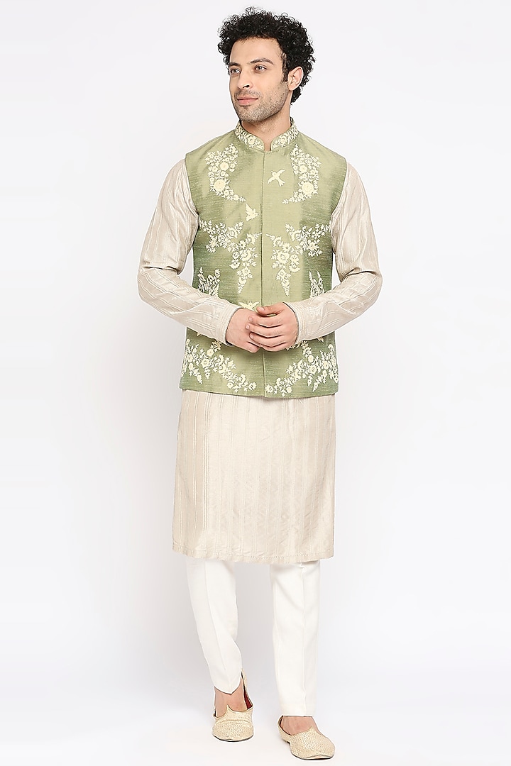 Sage Green Dupion Silk Floral Embroidered Nehru Jacket Set by DMODE