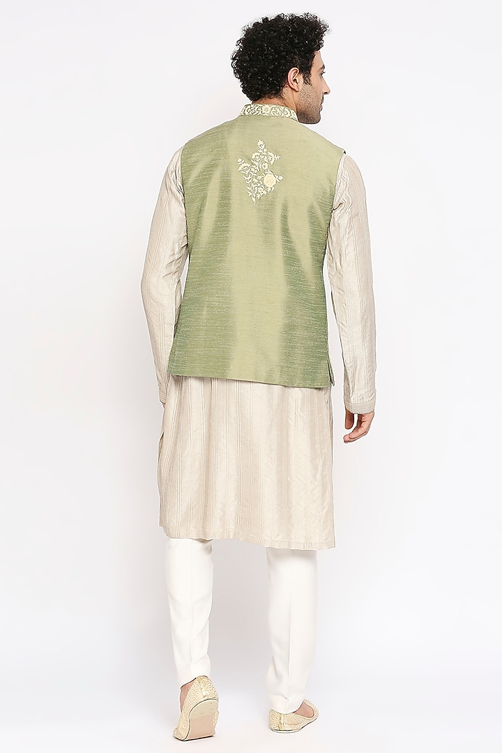 Sage Green Dupion Silk Floral Embroidered Nehru Jacket Set by DMODE at Pernia's Pop Up Shop