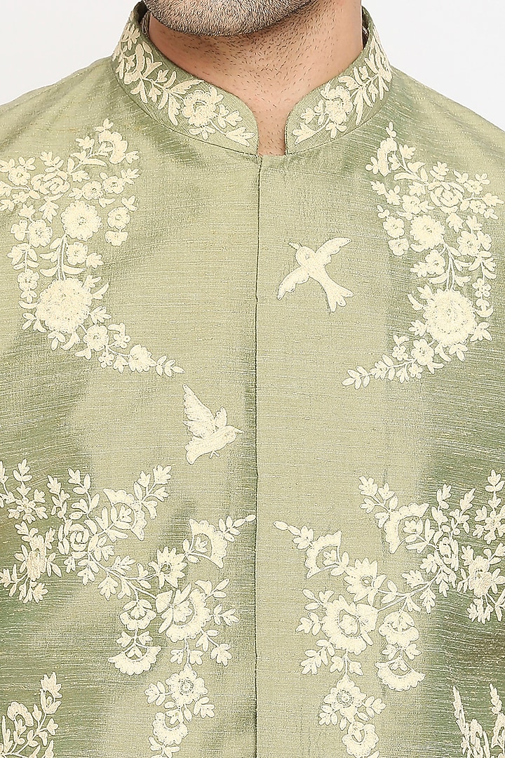 Sage Green Dupion Silk Floral Embroidered Nehru Jacket Set by DMODE at Pernia's Pop Up Shop