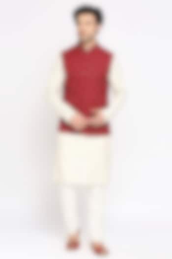 Maroon Matka Silk Mirror Embroidered Nehru Jacket Set by DMODE
