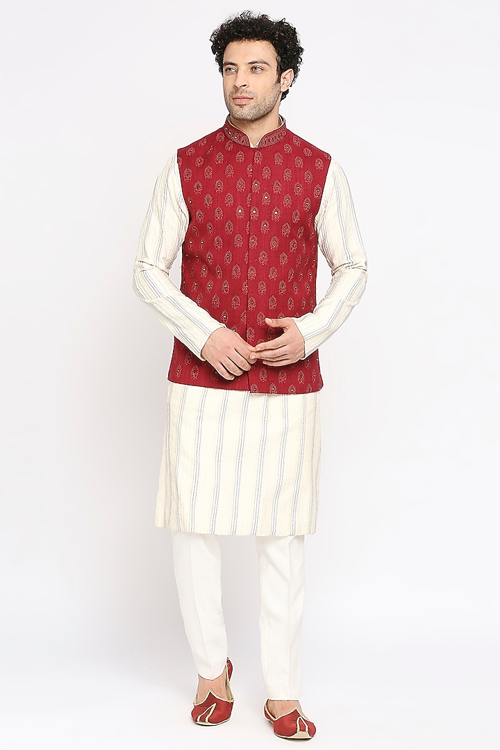 Maroon Matka Silk Mirror Embroidered Nehru Jacket Set by DMODE