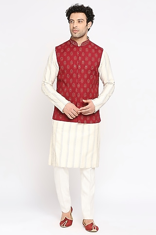 Maroon Matka Silk Mirror Embroidered Nehru Jacket Set by DMODE