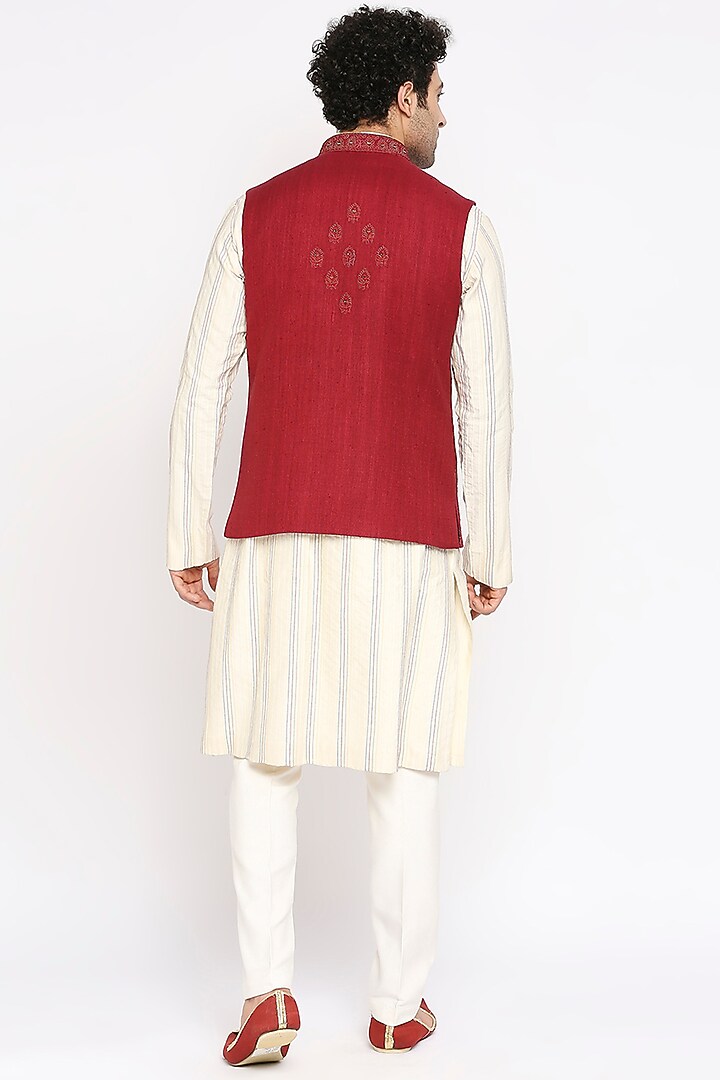 Maroon Matka Silk Mirror Embroidered Nehru Jacket Set by DMODE at Pernia's Pop Up Shop