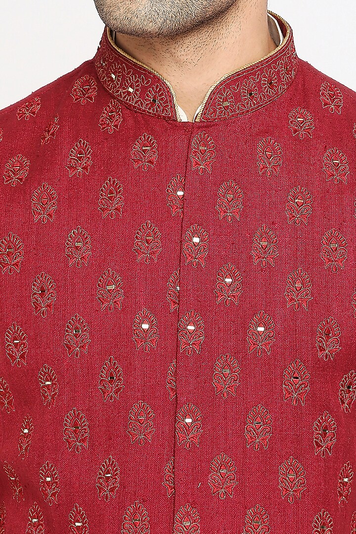 Maroon Matka Silk Mirror Embroidered Nehru Jacket Set by DMODE at Pernia's Pop Up Shop