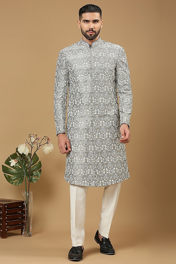 Grey Dupion Silk Floral Embroidered Groom Sherwani Set by DMODE at Pernia's Pop Up Shop