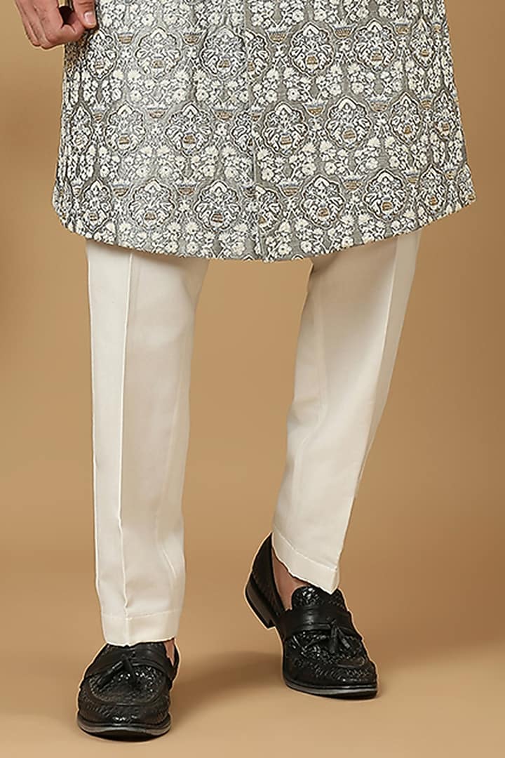 Grey Dupion Silk Floral Embroidered Groom Sherwani Set by DMODE at Pernia's Pop Up Shop