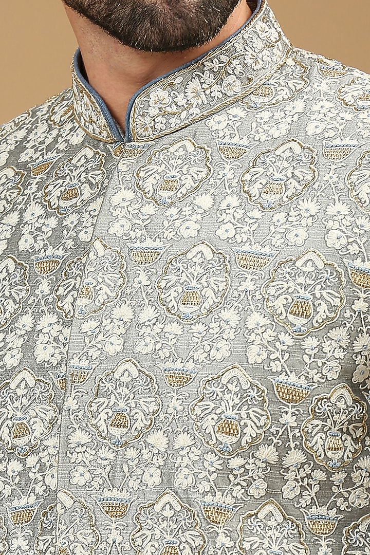 Grey Dupion Silk Floral Embroidered Groom Sherwani Set by DMODE at Pernia's Pop Up Shop