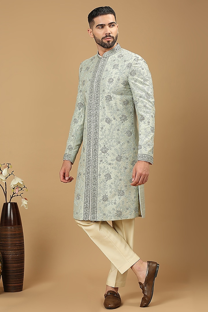 Sage Green Raw Silk Zardosi & Floral Embroidered Sherwani Set by DMODE