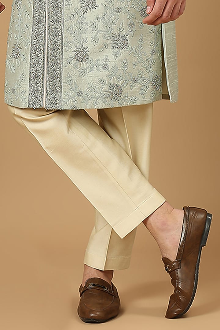 Sage Green Raw Silk Zardosi & Floral Embroidered Groom Sherwani Set by DMODE at Pernia's Pop Up Shop