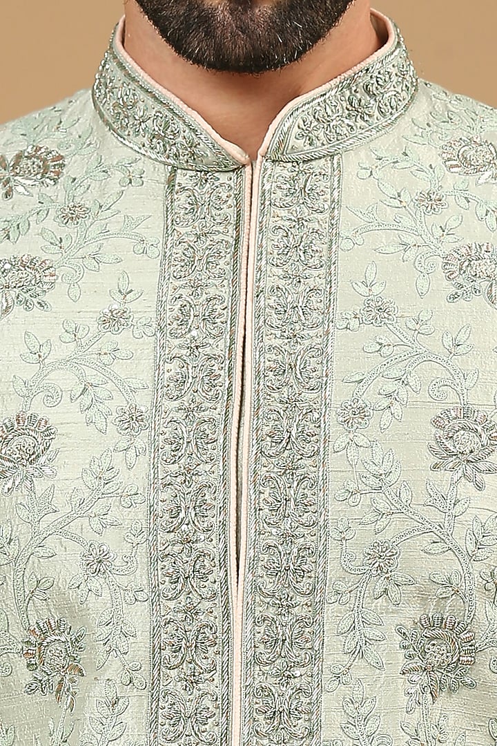 Sage Green Raw Silk Zardosi & Floral Embroidered Groom Sherwani Set by DMODE at Pernia's Pop Up Shop
