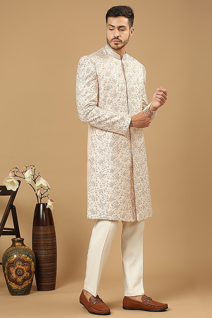 Light Pink Raw Silk Thread Work Groom Sherwani Set by DMODE at Pernia's Pop Up Shop