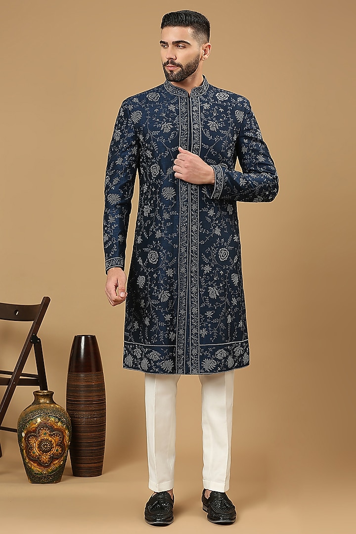 Prussian Blue Dupion Silk Thread Work Groom Sherwani Set by DMODE at Pernia's Pop Up Shop