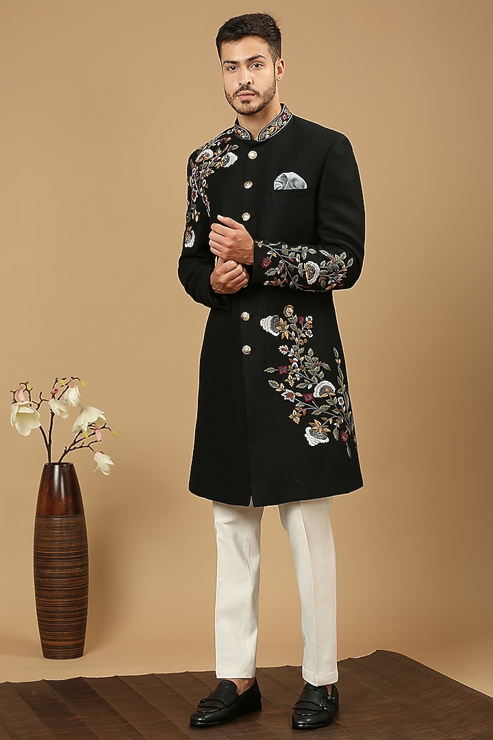 Black Suiting Floral Embroidered Wedding Sherwani Set by DMODE at Pernia's Pop Up Shop