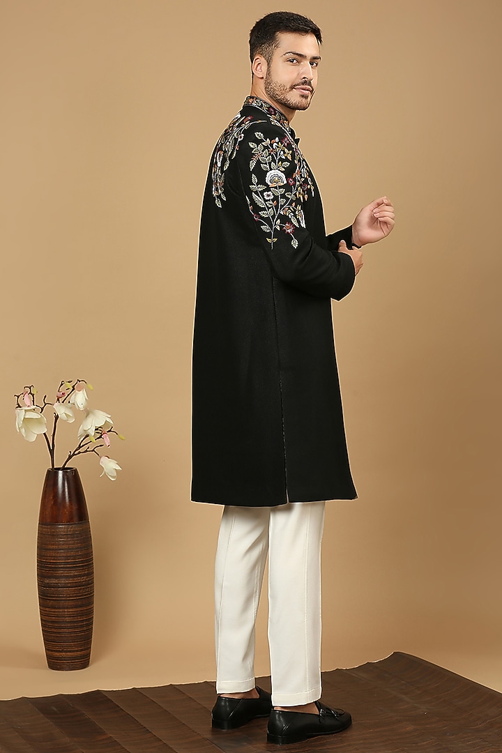 Black Suiting Floral Embroidered Wedding Sherwani Set by DMODE at Pernia's Pop Up Shop