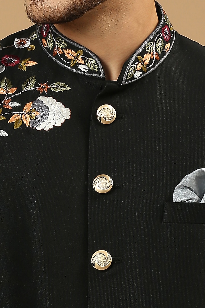 Black Suiting Floral Embroidered Wedding Sherwani Set by DMODE at Pernia's Pop Up Shop