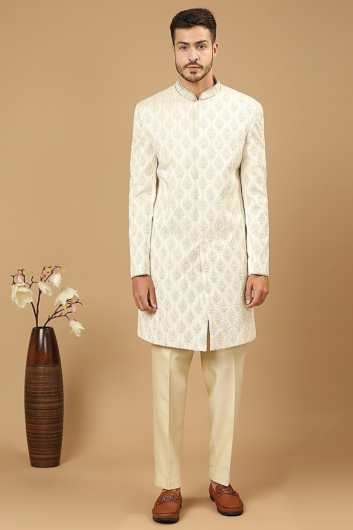 Off-White Raw Silk Bead Embroidered Sherwani Set by DMODE