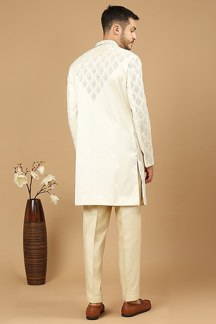Off-White Raw Silk Bead Embroidered Groom Sherwani Set by DMODE at Pernia's Pop Up Shop