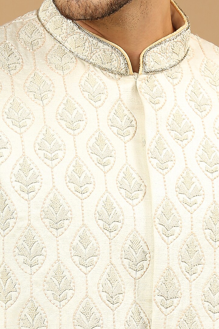Off-White Raw Silk Bead Embroidered Groom Sherwani Set by DMODE at Pernia's Pop Up Shop