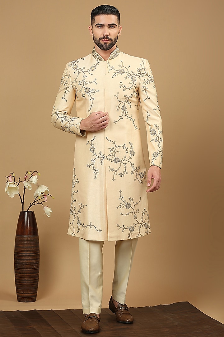 Biscuit Raw Silk Bead Work Sherwani Set by DMODE