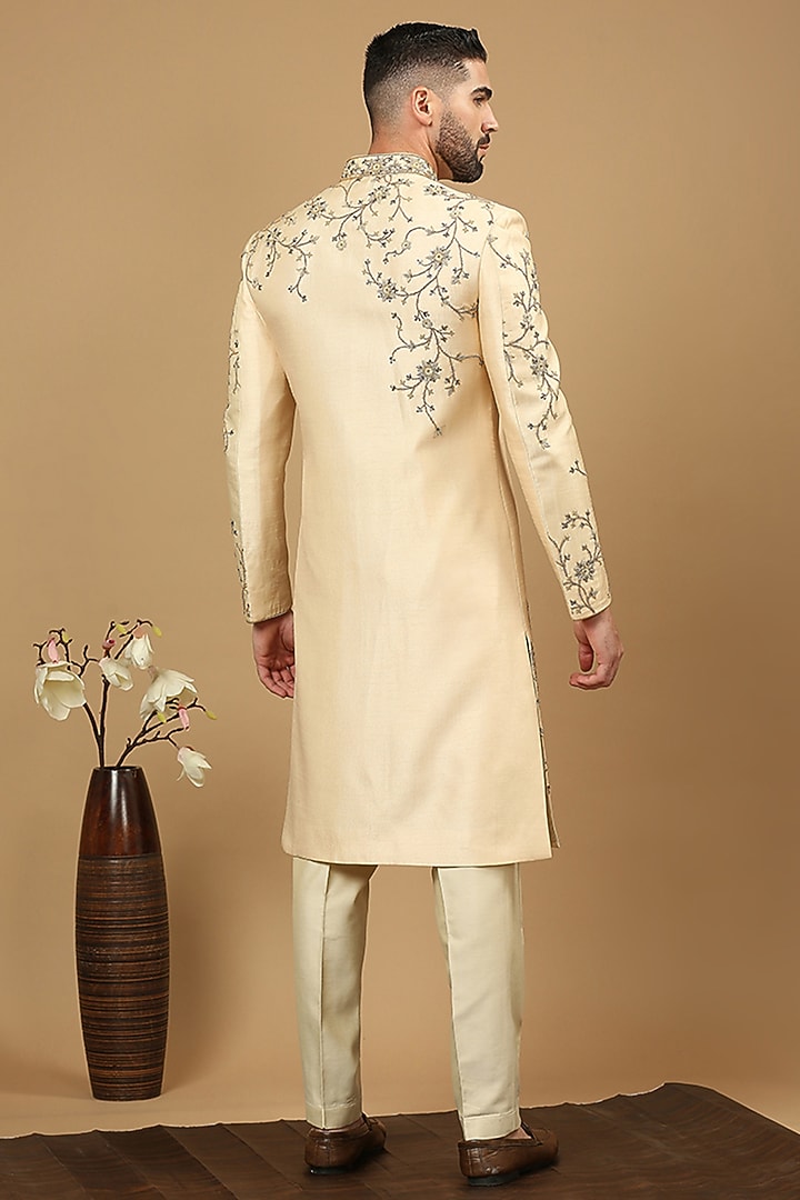Biscuit Raw Silk Bead Work Groom Sherwani Set by DMODE at Pernia's Pop Up Shop