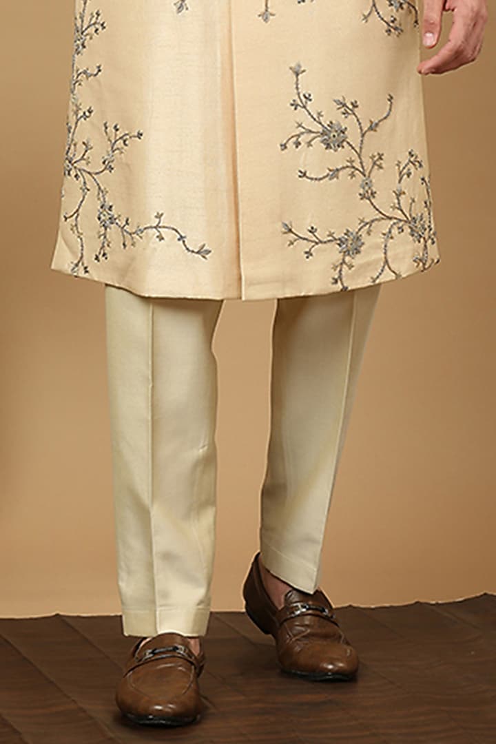Biscuit Raw Silk Bead Work Groom Sherwani Set by DMODE at Pernia's Pop Up Shop
