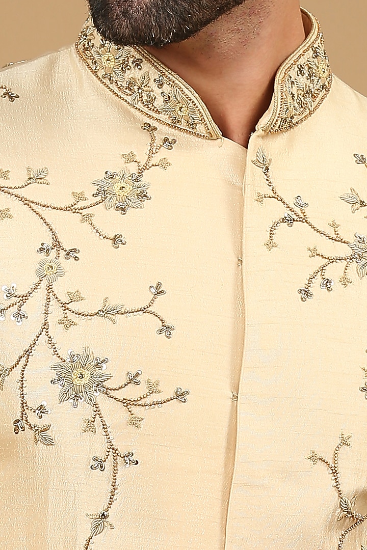 Biscuit Raw Silk Bead Work Groom Sherwani Set by DMODE at Pernia's Pop Up Shop